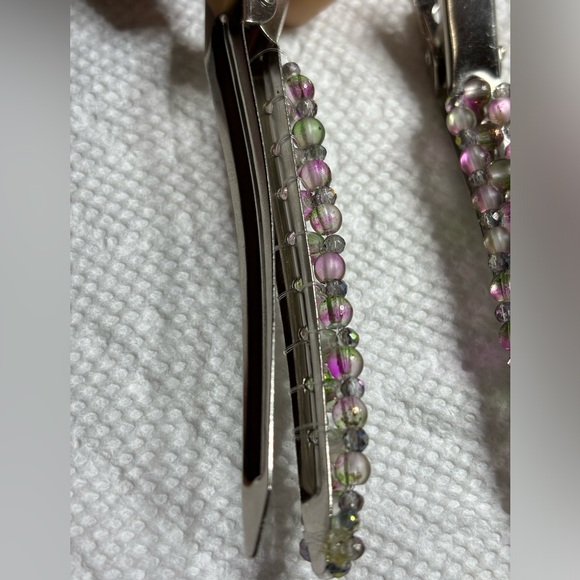Hand crafted set of hair clips hand wrapped w/ green & fuchsia glass beads 3 in. - Picture 2 of 4